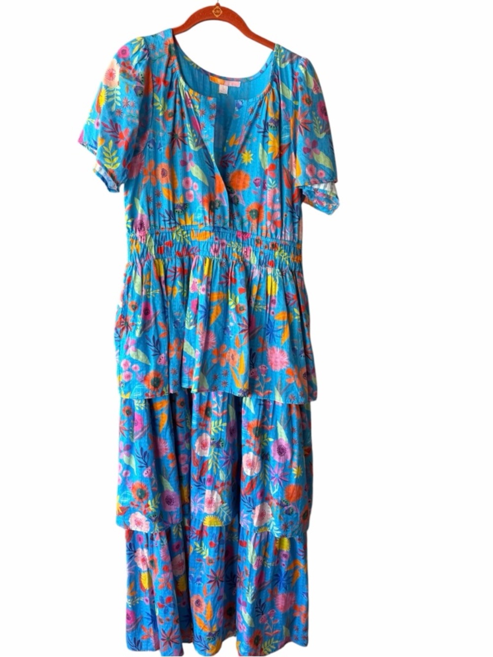 NWOT BRITON COURT Willow Maxi Blue Floral Tropical Dress Women's Size Large